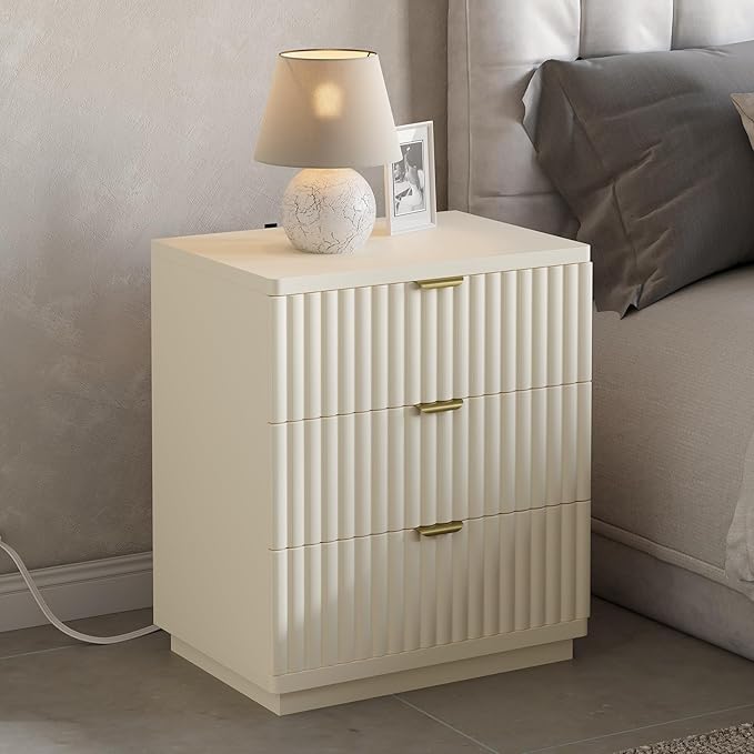 Nightstands Set of 2, Nightstand with Charging Station & 3 Drawers Storage Bedside Table Large Fluted Bed Side End Table, Modern Nightstand for Bedroom Living Room (Beige)