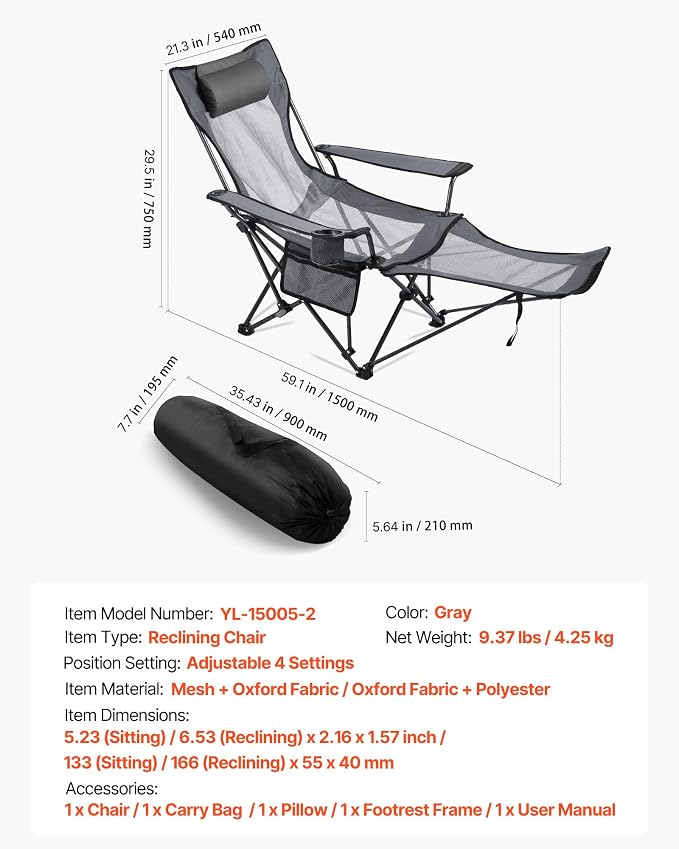 VEVOR 2-in-1 Reclining Camping Chair with Footrest for Adults, 4 Adjustable Positions, Portable Folding Lounger, Lightweight Mesh Beach Chair Supports 220lbs, Heavy Duty Camp Chairs Outdoor, Gray