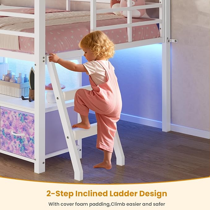 ADORNEVE Low Loft Bed Twin Size with 7 Storage Drawers, Bookcase and LED Lights, Metal Kids Loft Bed with 14" H Safety Guardrail,Inclined Ladder and Play Curtain, Under-Bed Play Space, Purple