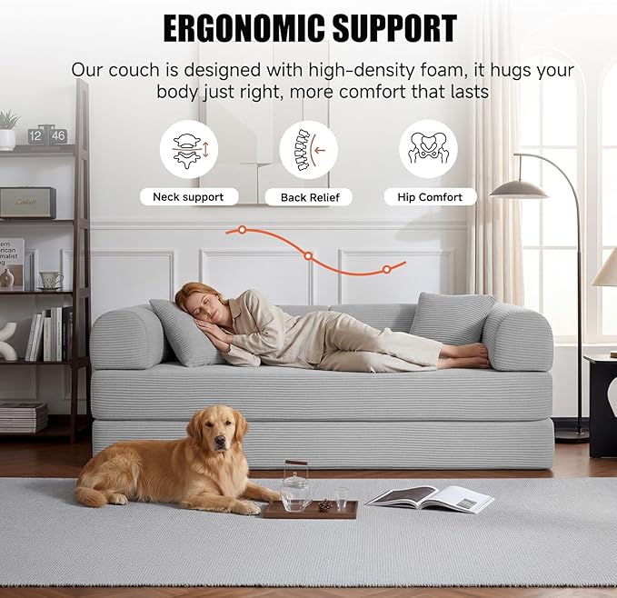 79" Compressed Sofa, Convertible Sofa Bed, Corduroy Compression Boneless Couch with Pillow, Comfy Modular Foldable Floor Sleeper Sofa for Bedroom, Living Room, Lounge, Studio (Light Gray)