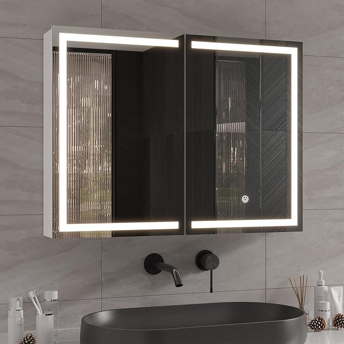 DICTAC Bathroom Medicine Cabinet with Mirror and LED Light, Wall Mounted Bathroom Mirror with Storage, 2 Doors Bathroom Wall Cabinet, Memory Dimmable 3 Color Temp, Adjustable Shelves, 31.5''x23.6''