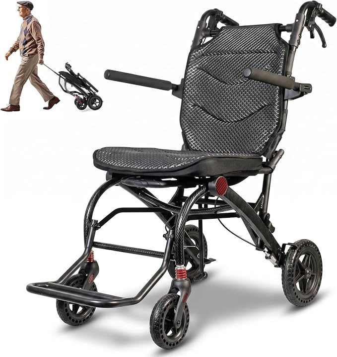 SOFTFISH Transport Wheelchair with Ergonomic Seat & Pull Rod, 1s Foot-fold Wheelchairs for Adults with Foldable Armrest & Footrest, Carbon Fiber Aluminum Frame Travel Transport Chair for Seniors