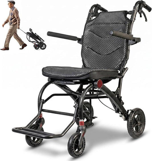 SOFTFISH Transport Wheelchair with Ergonomic Seat & Pull Rod, 1s Foot-fold Wheelchairs for Adults with Foldable Armrest & Footrest, Carbon Fiber Aluminum Frame Travel Transport Chair for Seniors