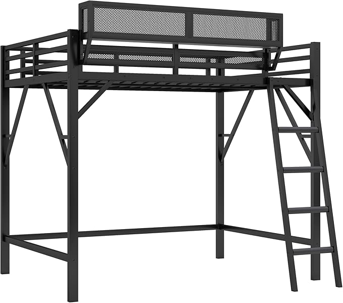 KEIKI Full Size Metal Loft Bed Frame with Ladder and Built-in Storage Shelves, for Teens, Modern Style Loft Bed with Solid Slats, Guardrail, No Box Spring Required, Easy Assembly, for Bedroom, Black