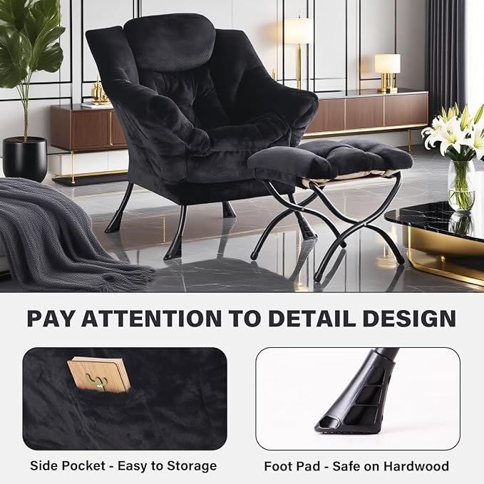 Tiita Lazy Chair with Ottoman, Black Modern Large Accent Chair, Comfy Leisure Sofa Armchair with Ottoman, Reading Chair with Footrest for Bedroom, Living Room, Dorm Rooms, Plush Black