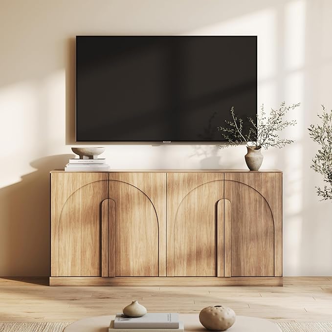 BELLEZE Bijou 64" Modern Buffet Sideboard, Mid-Century Arch Carved Wood Door Cabinet, Textured Storage Console for 75 inch TV, Living Room, Dining Room, Entryway - Camel