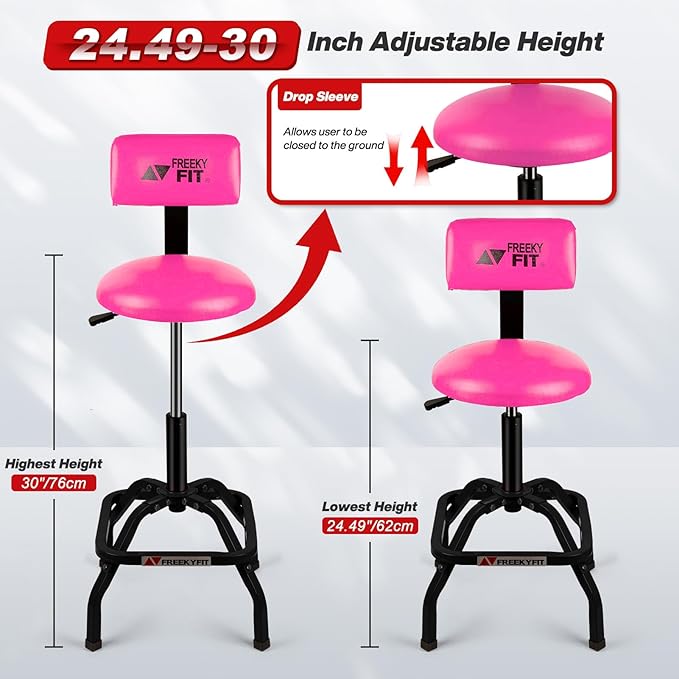 Shop Stool with Backrest, Mechanic Garage Stool for Workshop, Adjustable Shop Stools Chair, Padded Workbench Stools for Men Women, 300 LBS Capacity, 360° Swivel PVC Seat, Heavy Duty, Pink
