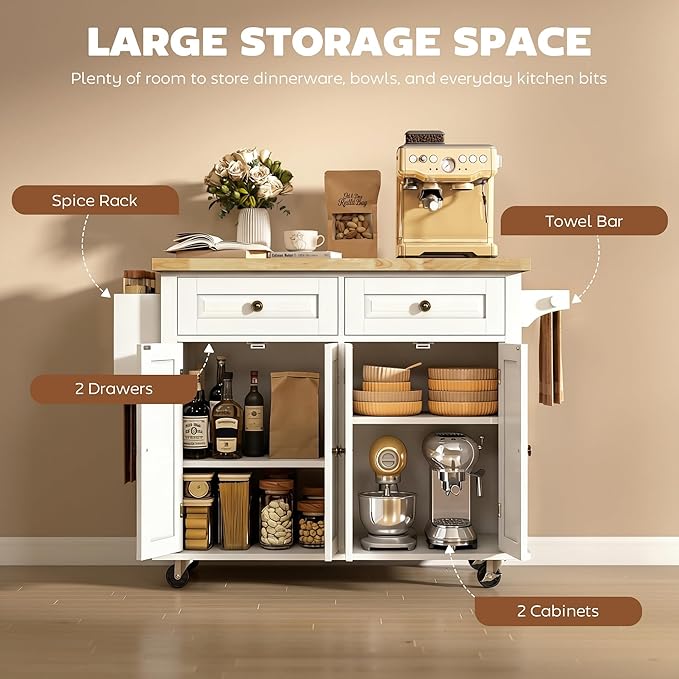HOMCOM Kitchen Island Cart with Solid Wood Top, 44" Mobile Kitchen Island Table on Wheels with Storage Cabinets, 2 Drawers, Adjustable Shelves, Spice Rack & Towel Bar for Dining Room, White