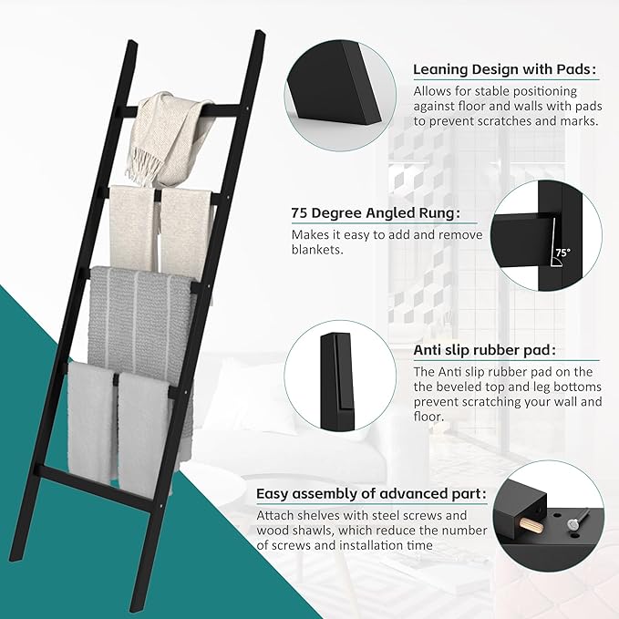 WTZ Bamboo Blanket Ladder, 5-Layer Towel Racks, Blanket Holder with Anti-Slip Construction Home Decor, Decorative Blanket, Quilt, Towel, Scarf Ladder Shelves for Livingroom, Bedroom, Bathroom, Black