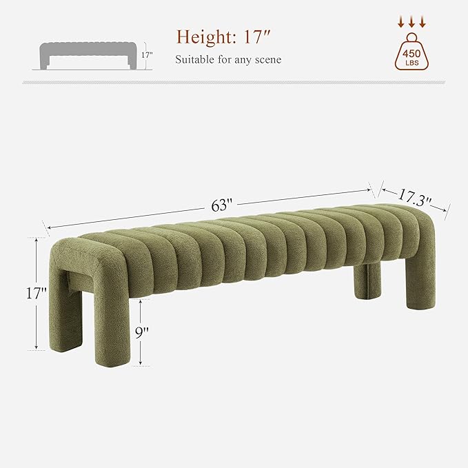 63’’ Bedroom Bench, Upholstered End of Bed Bench with Solid Wood Legs, Modern Cushioned Dining Bench with Full Covered Fabrics for Entryway, Bedroom, Living Room (Green, Boucle)
