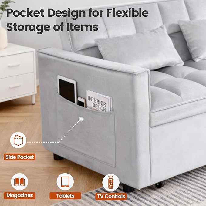 3 in 1 Convertible Sleeper Sofa Bed, Velvet Fabric Loveseat Sofa Bed with Adjustable Backrest & Large Side Pockets, Pull Out Couch for Small Spaces, Apartment, Living Room, Gray