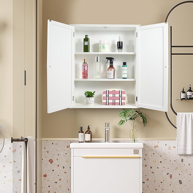 27.6in Length Bathroom Cabinet Wall Mounted,Over Toilet Storage Cabinet with 2 Doors and Adjustable Shelves,Wood Medicine Cabinet for Bathroom, White