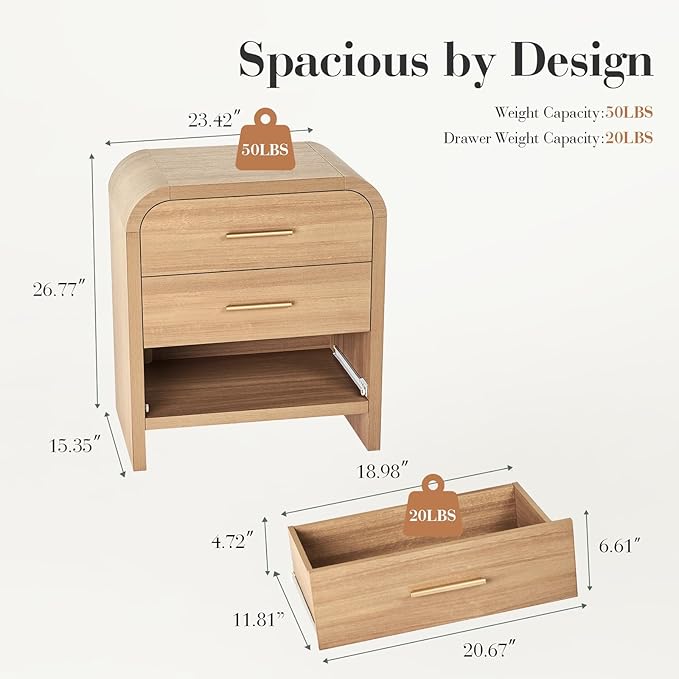 Farmhouse Nightstand Set of 2, 23.5" Curved Modern Night Stand with 3-Drawer, Bedside Table, End Table for Bedroom, Storage Cabinet Furniture, Oak