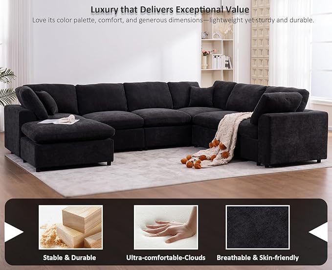 Oversized Modular Sectional Sofa Couch, Large 7 Seater Corner Sofa Modern U Shaped Sectional Couch with Ottoman Cloud Couches for Living Room, Office, Spacious Space, Black