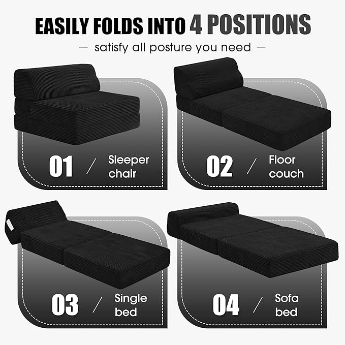 Kasunpul Folding Sofa Bed with Pillow, Memory Foam Fold Out Chair Bed, Convertible Sleeper Chair with Washable Cover, Futon Floor Couch for Living Room/Dorm/Guest Use/Home Office/Apartment, Black