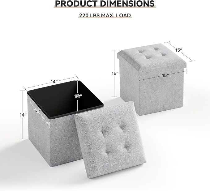 Storage Ottoman Bench, 15 Inch Ottoman Foot Rest, End of Bed Bench, Storage Chest for Living Room, Bedroom, Entryway, Light Gray