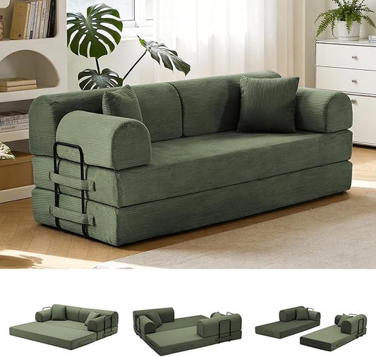 78.8" Convertible Sofa Bed with Detachable Arm Pillow, 6-in-1 Sectional Couches for Living Room, Corduroy Boneless Couch, Sleeper Loveseat Couch Bed, No Assembly, Grayish Green Couch