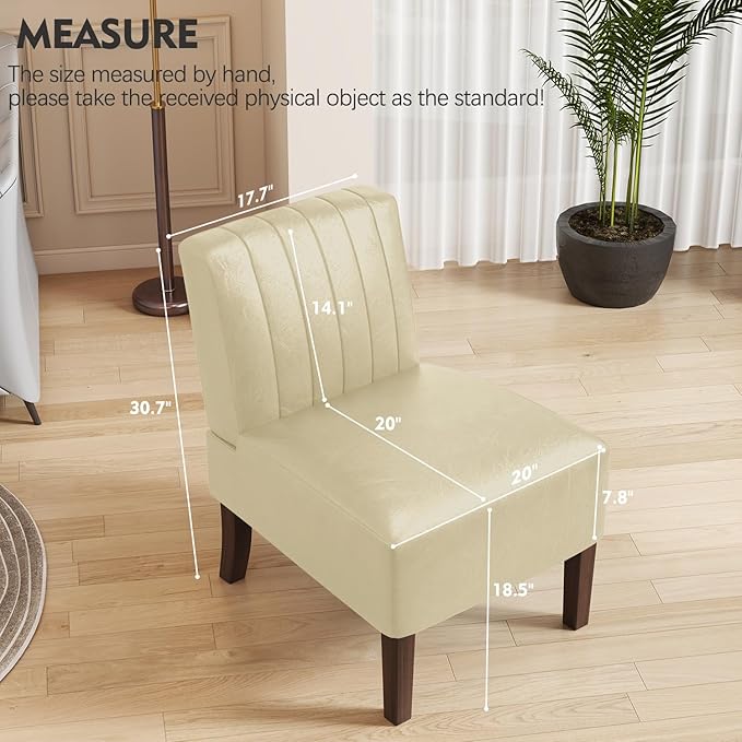 Armless Accent Chairs Set of 2 Upholstered Dining Chairs Living Room Chairs with Solid Wood Legs Bedroom Chair Leather Reading Chair Comfy Chair for Bedroom Vanity Kitchen (Beige)