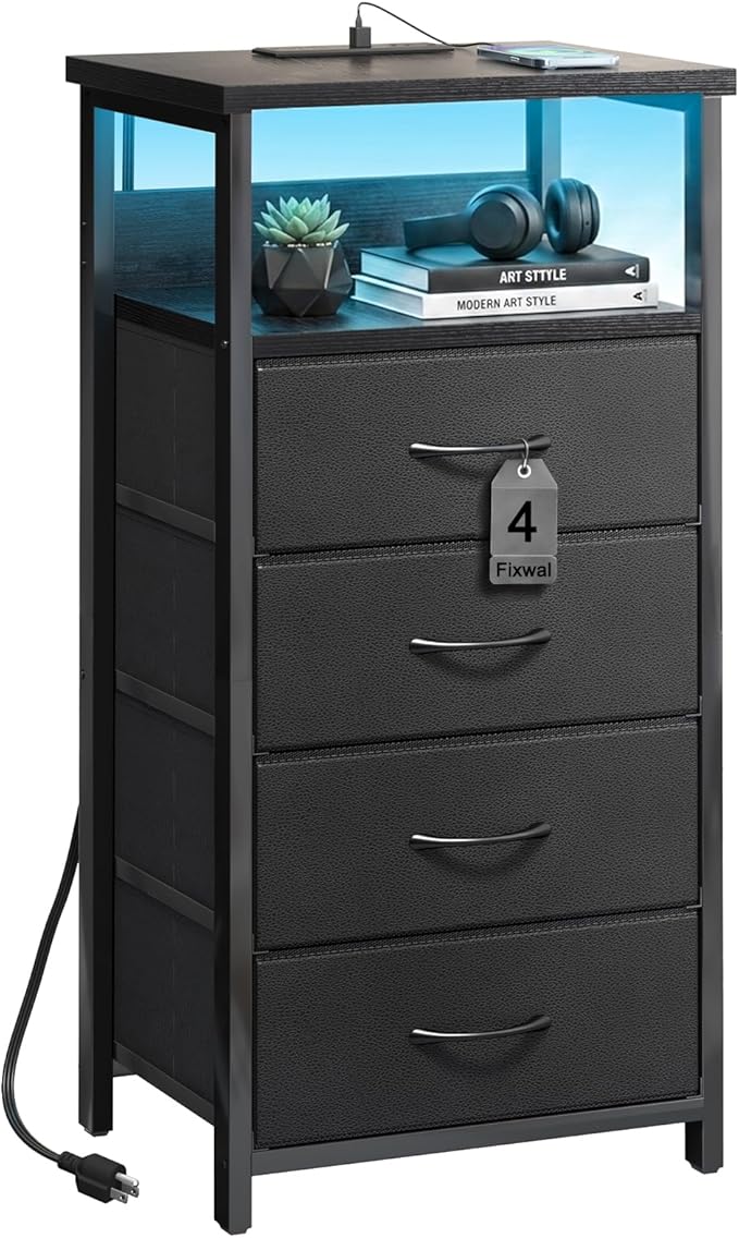 Fixwal Night Stand with Charging Station, Tall Nightstand with U-S-B Ports and Outlets, 4 Fabric Storage Drawers with PU Finish, Small Dresser Bed Side Table, Black