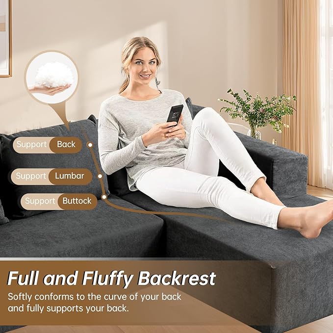 ANONER 103" Modular Sectional Sofa, L-Shaped Boneless Sectional Couch, Modern Minimalist Free Combination Foam Sofa with Deep Seat, Living Room & Apartment Furniture, No Assembly Required, Dark Grey