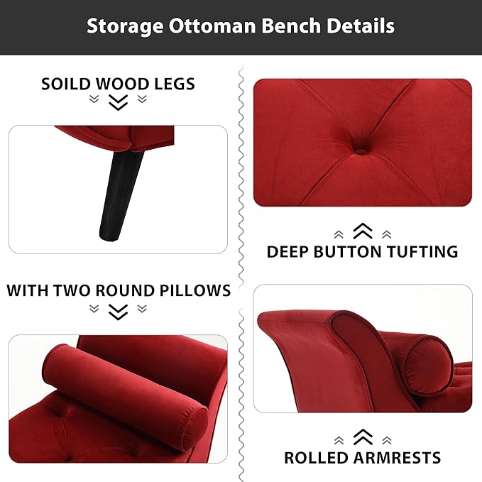 Velvet Storage Bench for Bedroom End of Bed, 65" Upholstered Rolled Armed Button Tufted Stool Bench, Storage Ottoman Long Bench with with 2 Pillows for Entryway (Wine Red)