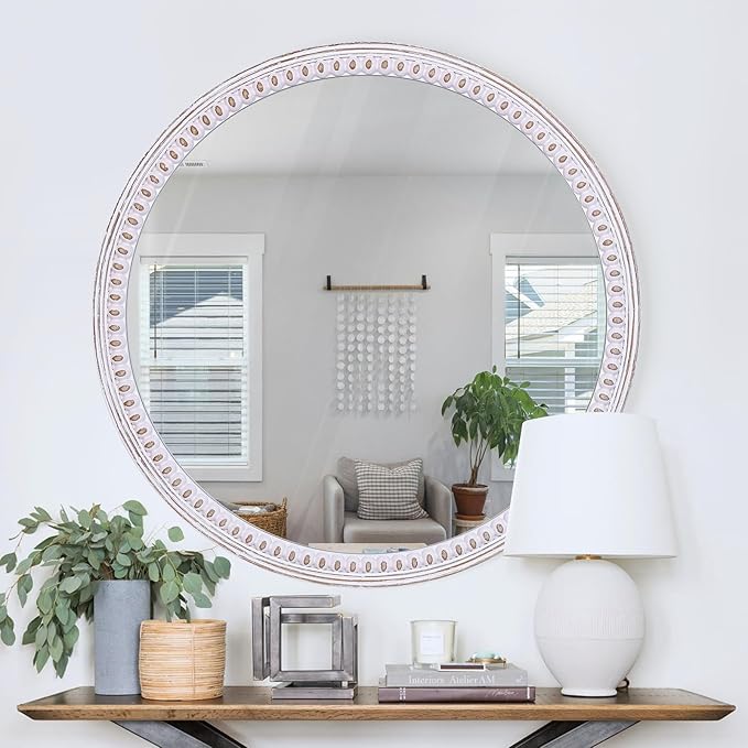30 Inch Rustic Farmhouse Round Mirror for Wall Decor, Boho Wooden Decorative Circle Mirrors for Bathroom Over Sink, Entryway, Living Room& Bedroom