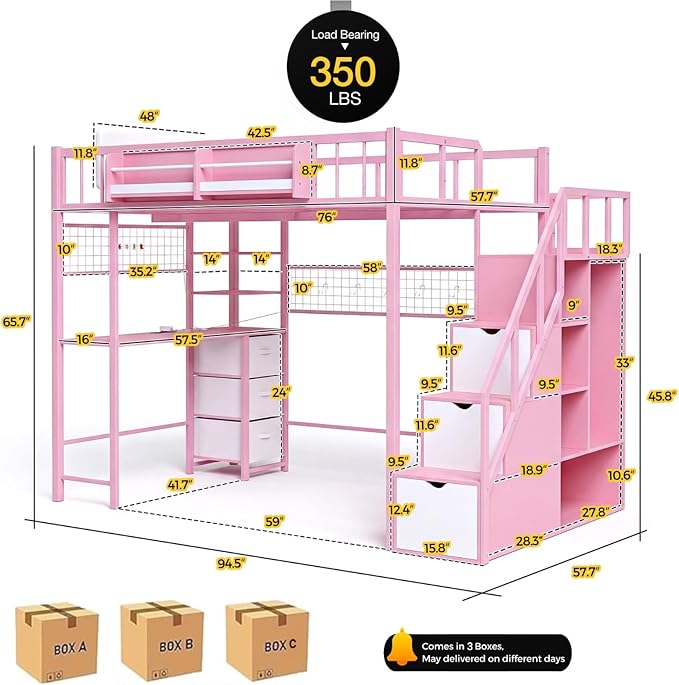 Kikihouse Full Size Loft Bed with Desk and Stairs, Headboard, Wardrobe, Bedside Storage Shelf, 6 Drawers, Charging Station & LED Light, Metal Gaming Loft Bed Frame for Adult Space-Saving