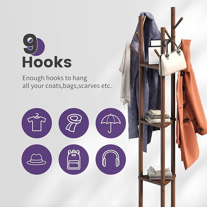 Rotating Coat Rack, Freestanding Coat Rack with 3 Shelves and 9 Hooks Clothes Organizer Coat tree for Bedroom, Entryway, Livingroom (Brown)