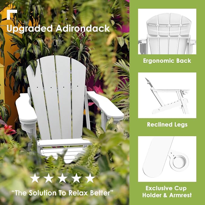 GREENVINES Adirondack-Chairs-with-Ottoman | Set of 4 | Folding | Retractable-Footrest | HDPE Plastic | All Weather Fire Pit Chair | Cup Holders | White | for Outdoor Poolside