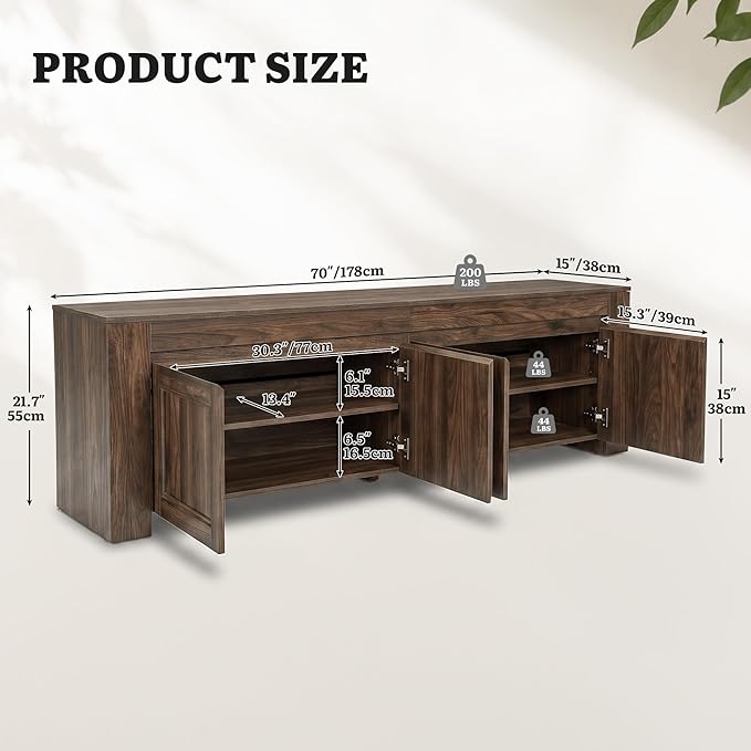 YITAHOME 70 inch TV Stand for up to 80 inch TVs, Farmhouse Entertainment Center with Storage Doors and Shelves, Media Console Table with Cable Holes for Living Room, Dark Walnut