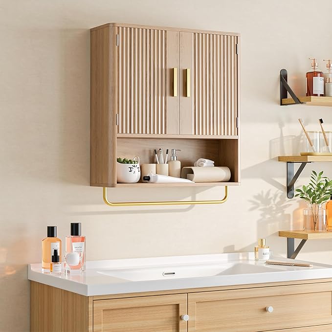 Memobarco Bathroom Wall Cabinet, Medicine Cabinet with Fluted Door & Adjustable Shelf, Over the Toilet Storage Cabinet with Towel Bar, Cabinet Wall Mount for Laundry Room & Kitchen, Wood