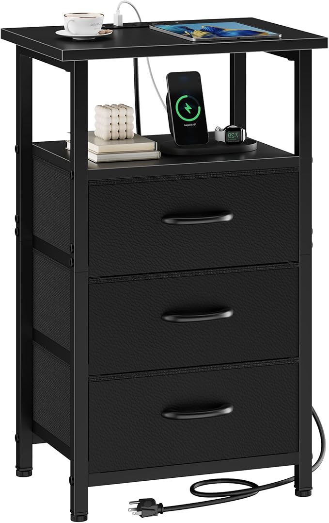 Vagusicc Nightstand with Charging Station, Bedside Table with USB Ports and Outlet, End Table Side Table with 3 Fabric Drawers and Storage Shelf, Bed Side Table Black Night Stand for Bedroom, Black