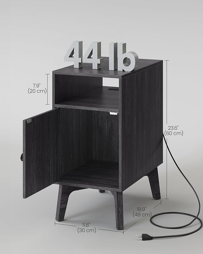 VASAGLE MAEZO Collection - End Table with Charging Station, Narrow Side Table, Nightstand with Tapered Legs, Curved Transitions, for Small Spaces, Living Room, Bedroom, Charcoal Gray ULET329B101S
