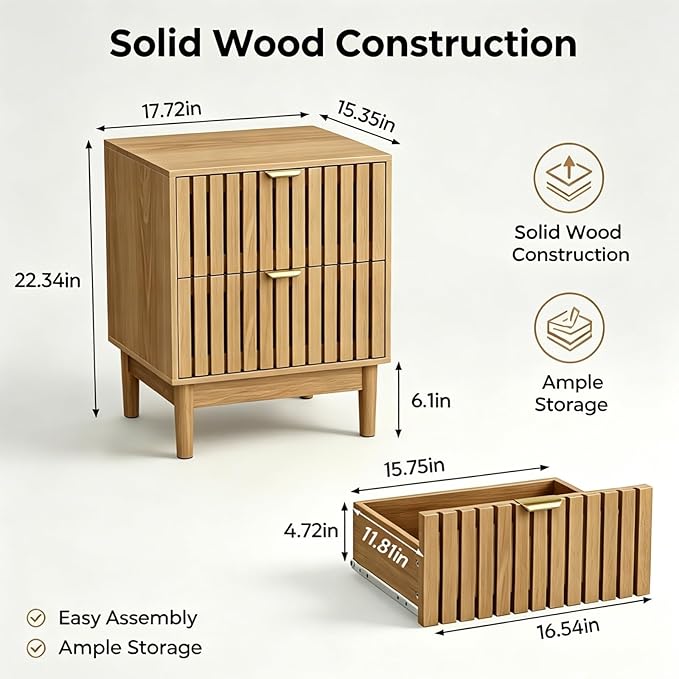 Kiasthome Mid-Century Wood Nightstand with 2 Drawers, Fluted Front Bedside Table, Functional End Table for Bedroom & Living Room (Light Oak (2-Pack))