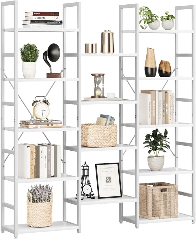 NUMENN Triple Column 5 Tier Bookshelf, Bookcase with 14 Open Display Shelves, Adjustable Rustic Industrial Style Book Shelves, Modern Bookshelves for Bedroom, Living Room and Home Office, White