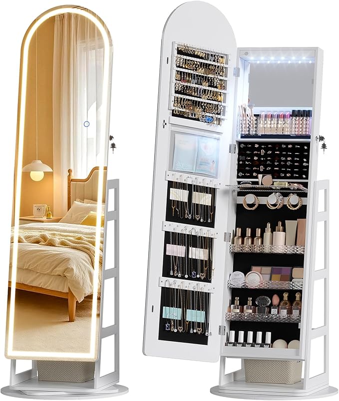 LVSOMT LED Arched Mirror Jewelry Cabinet Standing, Lockable Jewelry Armoire, Full-Length Mirror with Storage, Space-Saving Jewelry Organizer Mirror, Foldable Makeup Shelf, Gift for Women(LED White)