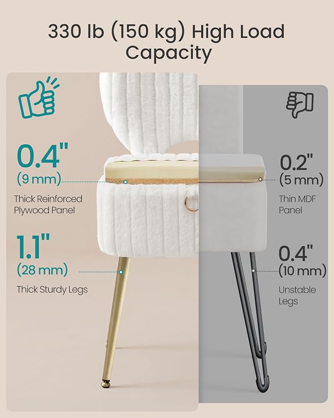 SONGMICS Small Vanity Chair with Storage and Folding Back, Vanity Stool, Footrest Footstool Ottoman, Dressing Table Stool, Furry Padded Seat, for Makeup Room, Bedroom, Cream White ULOM532WD01