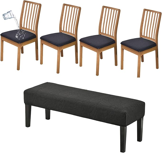 CRFATOP Waterproof Seat Covers for Dining Room Chairs Set of 4 with Stretch Bench Slipcover Jacquard Kitchen Chair Slipcover Washable Seat Cushion Slipcover for Hotel Banquet Wedding Party, Black