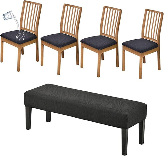 CRFATOP Waterproof Seat Covers for Dining Room Chairs Set of 4 with Stretch Bench Slipcover Jacquard Kitchen Chair Slipcover Washable Seat Cushion Slipcover for Hotel Banquet Wedding Party, Black