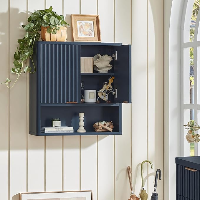 LEYAOYAO Fluted Bathroom Wall Cabinet, Wall-Mounted Medicine Cabinet with Adjustable Shelf & Doors, Farmhouse Floating Over the Toilet Storage Cabinets for Laundry Room, Kitchen, Living Room (Blue)