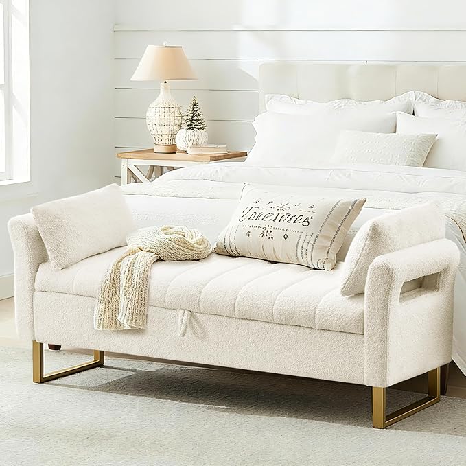 66'' King Size Storage Bench for Bedroom End of Bed, Bedroom Benches for Foot of Bed King with Gold Legs, Cream White Storage Ottoman Bench with Storage for Bedroom, Teddy