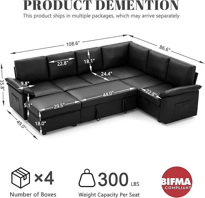 108 Inch Faux Leather Modular Sectional Sofa with Pull Out Bed,U Shaped 7 Seat Sectional Sleeper Sofa with Storage,Sectional Couches for Living Room,Cloud Modular Couch,Black Leather