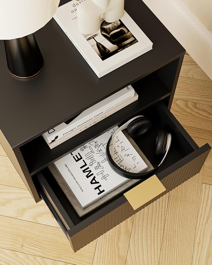Aienvey Night Stand, Modern Nightstand with Drawers, Bedside Table, Gold Small Side Table for Bedroom, Living Room End Table (Black Stripe, 1 Drawer)