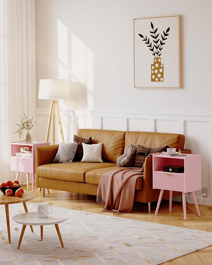 JOONEE Nightstand with Oultlet,Modern Bedside Table with Storage Drawer and Open Wood Shelf, for Living Room, Bedroom and Small Spaces, Accent Night Stand with Solid Wood Legs, Easy Assembly,Pink