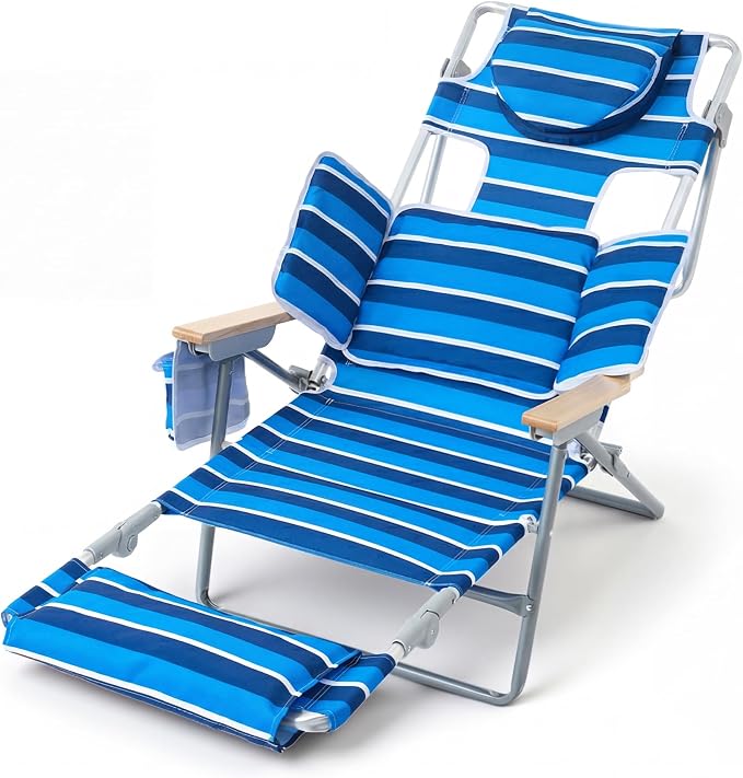 5-Positon Backpack Beach Chair, Portable Folding Tanning Chair, Double Shoulder Straps Beach Lounge Chair with Footrest, Face Hole, Towel Bar for Camping (Blue White, 60.6")