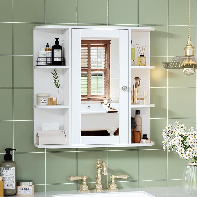 VINGLI Mirror Medicine Cabinet Wall Mounted, Bathroom Storage Organizer Over Toilet with 6 Open Curved Shelves, Adjustable Vanity Cupboard with Single Door for Entryway & Living Room, White