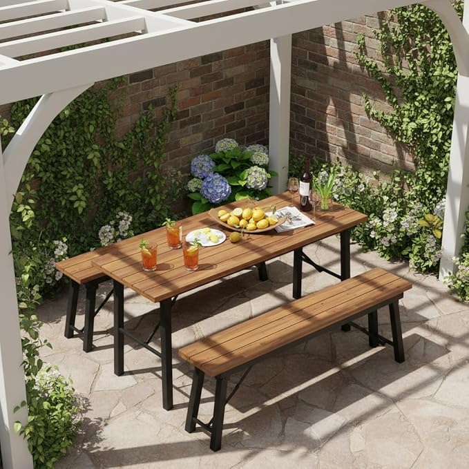 Tangkula Outdoor Folding Bench Set of 2, 55” 2-3 Person Acacia Wood Backless Patio Dining Bench, No Assembly Weatherproof Picnic Bench, Collapsible Benches for Porch, Yard, Poolside, Balcony
