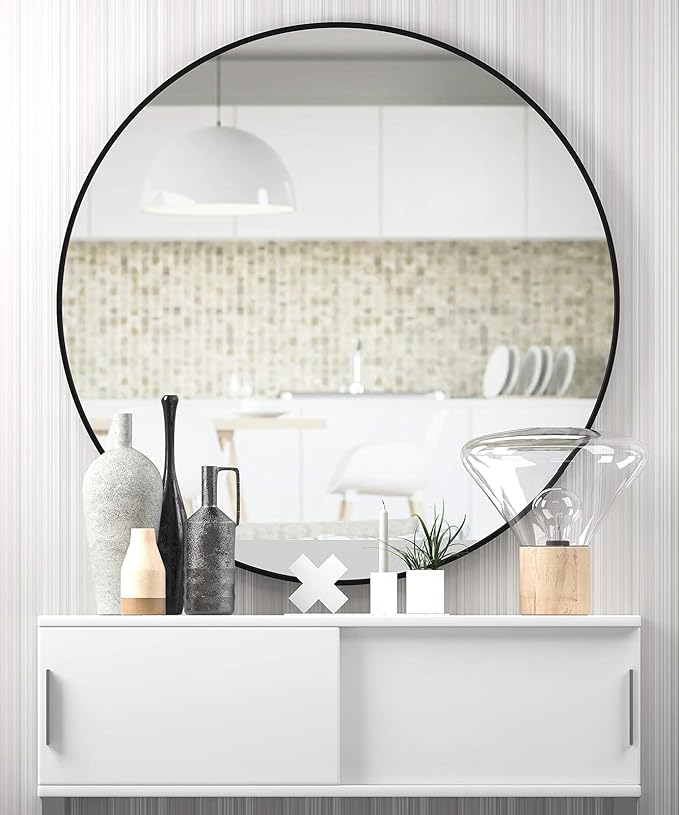 USHOWER 2- Pack Bathroom Mirrors for Over Sink, 24 Inch Circle Mirror with Metal Frame, Black Wall Mirror Modern Decoration for Vanity, Entryway, Living Room, Hallway and Bedroom