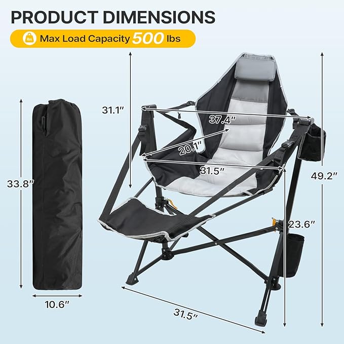 ZENPETIO Hammock Camping Chair with Footrest, Oversized Portable Folding Camp Chairs for Adults, Heavy Duty Outdoor Rocking Camp Chair with Cup Holder & Pillow for Beach, Patio, Lawn, 500 LBS