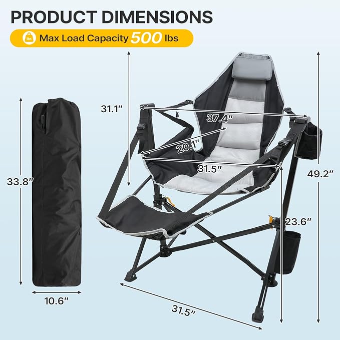 ZENPETIO Hammock Camping Chair with Footrest, Heavy Duty Swinging Rocking Camping Chairs for Adults Portable Folding Camp Chairs Oversized Rocker with Cup Holder & Pillow for Patio Beach, 500 LBS